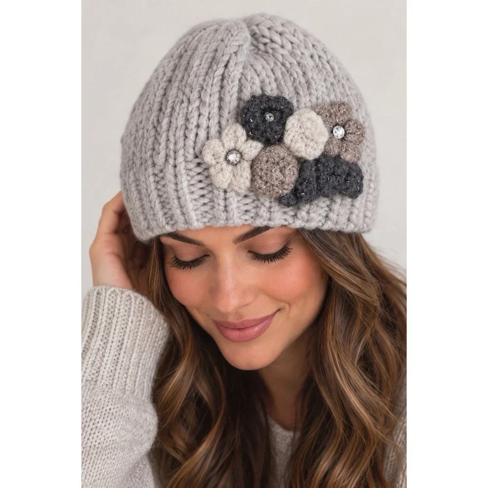 Gelso Bianca Womens Alpaca Wool Knit Beanie Hat Sz OS Gray Floral Rhinestone Y2K